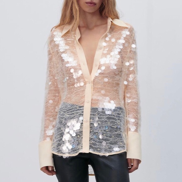Zara Tops - ZARA Semi-Sheer Sequin Top XS NWT